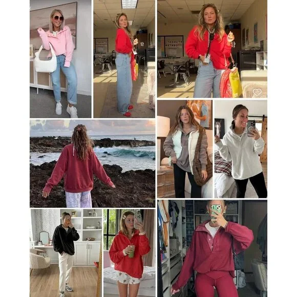 Women's Coffee Oversized Casual Long Sleeve Henley Neck Pullover Sweatshirt - Picture 2 of 6